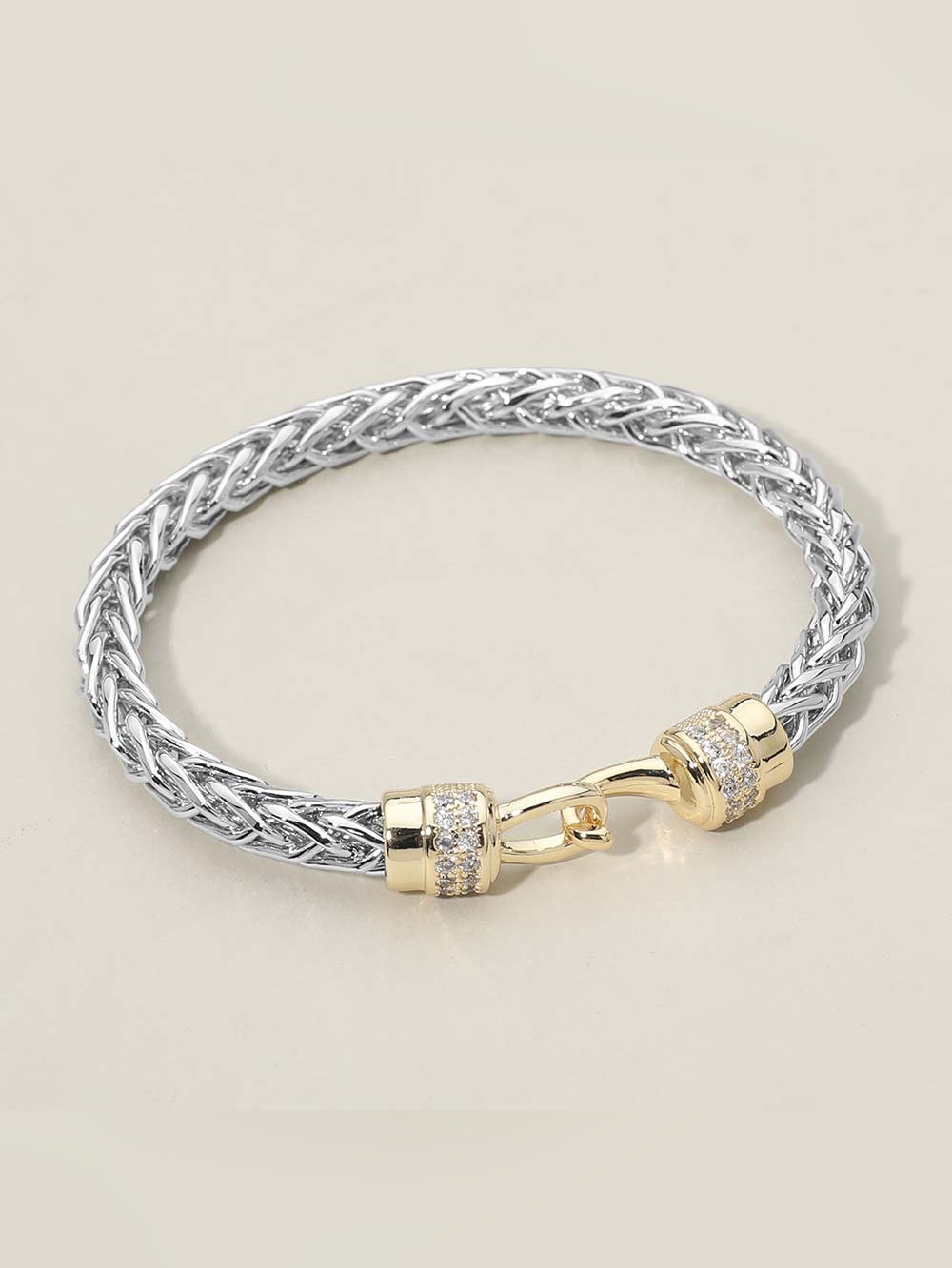 14K Gold Plated Two Tone CZ Stone Paved Hook Accent Woven Bangle Bracelet